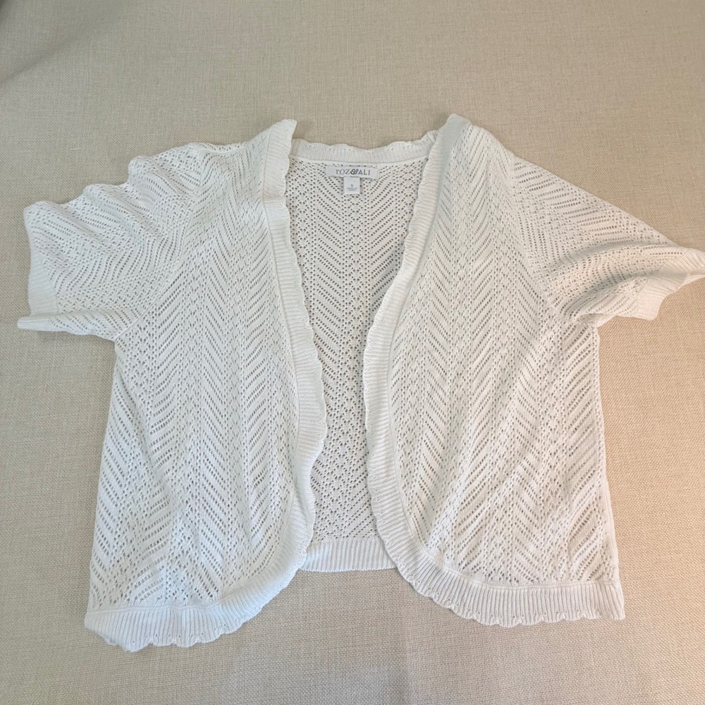 Roz & Ali White Pointelle Chevron Knit Open Front Short Sleeve Cardigan Small